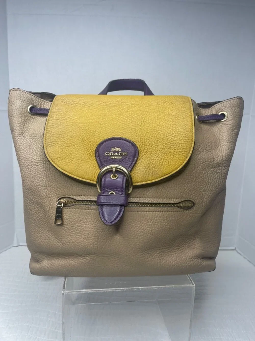 Coach Kleo Pebbled Leather Colorblock Casual Backpack Yellow/Tan/Purple